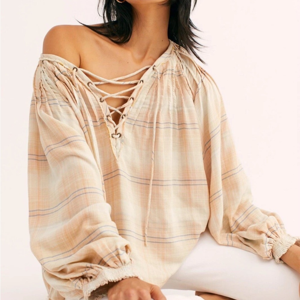 We The Free Free People Beige Cloudbreaker Distressed Oversized Boho lace up top